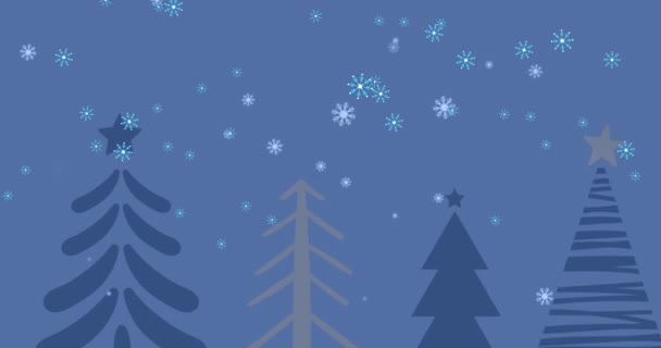 Animacja Ikon Płatków Śniegu Spadających Nad Ikonami Choinek Niebieskim Tle — Wideo stockowe