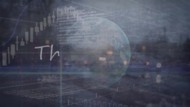 Animación Gracias Banner Texto Sobre Procesamiento Datos Financieros Mundo Contra — Vídeo de stock