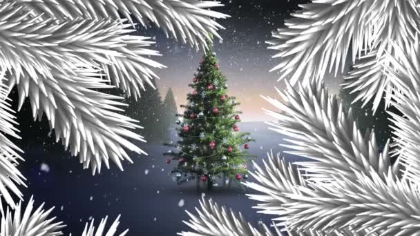 Animación Hojas Blancas Nieve Cayendo Sobre Árbol Navidad Paisaje Invierno — Vídeos de Stock
