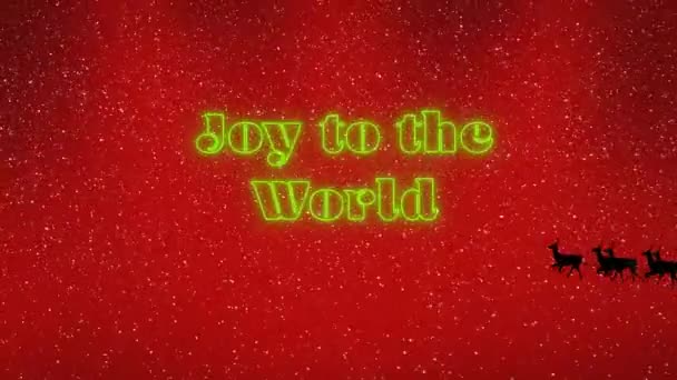 Animation Neon Glädje Till Världen Och Santa Släde Röd Bakgrund — Stockvideo