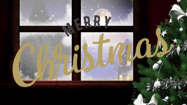 Animación Feliz Navidad Nieve Cayendo Sobre Ventana Con Paisaje Nocturno — Vídeo de stock