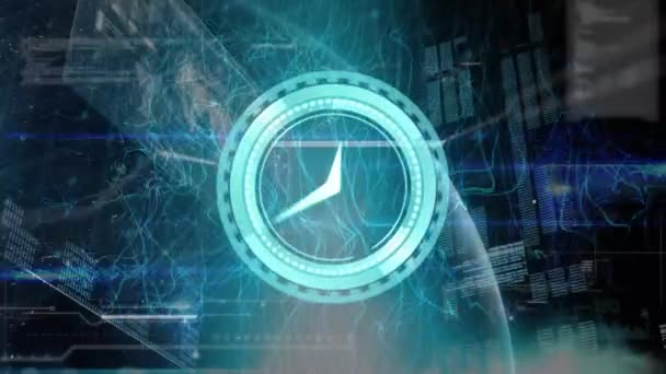 Animation Der Neontickenden Uhr Über Blauen Digitalen Wellen Und Schnittstelle — Stockvideo
