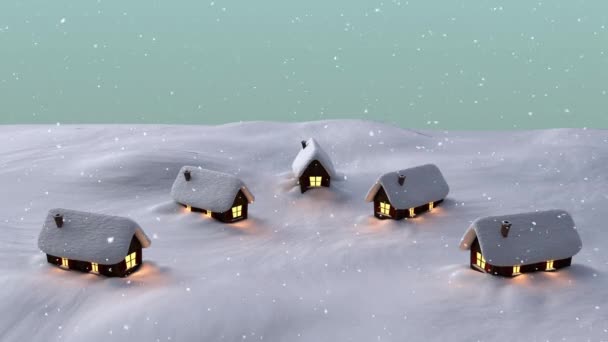Animacja Śniegu Spadającego Nad Domami Zimowym Krajobrazie Zielonym Tle Przestrzenią — Wideo stockowe