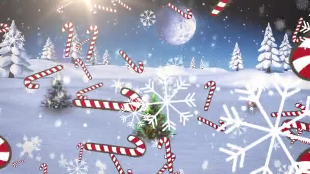 Animacja Płatków Śniegu Ikon Trzciny Cukrowej Spadających Trzy Choinki Zimowym — Wideo stockowe