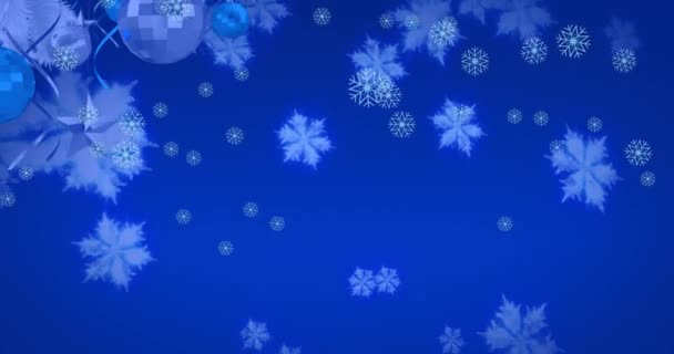 Animace Ikon Sněhových Vloček Padající Přes Zdobené Vánoční Strom Větev — Stock video