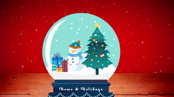 Анимация Снегопада Над Снежным Шаром Рождественской Елкой Снеговиком Рождество Традиции — стоковое видео