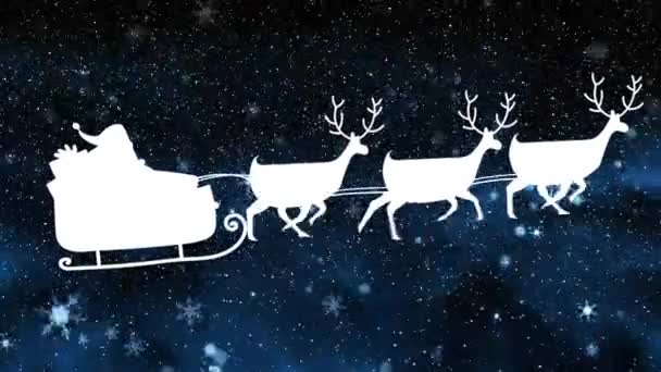 そりでサンタクラスの上に落下する雪片のアニメーションは トナカイに引っ張られています クリスマスのお祭りとお祝いのコンセプト — ストック動画