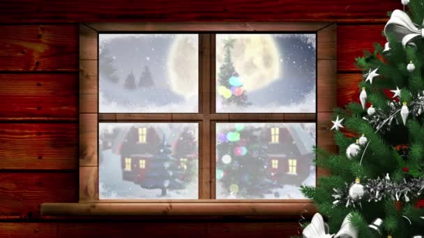 雪橇上的圣爪与驯鹿在圣诞窗前和冬季风景上的动画 圣诞节 庆祝和传统概念数字制作的录像 — 图库视频影像