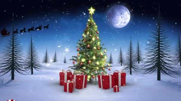Animation Snow Falling Christmas Tree Gifts Icons Winter Landscape Night — Stock Video