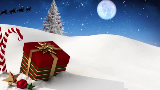 Animacja Nocnego Zimowego Krajobrazu Śniegiem Sankami Teraźniejszością Boże Narodzenie Zima — Wideo stockowe