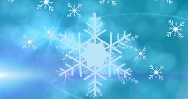 Анимация Звезды Над Большой Снежинкой Блики Линз Эффект Бокэ Движущимися — стоковое видео