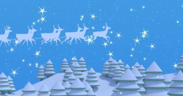 Ren Geyikleri Tarafından Çekilen Kızaktaki Noel Baba Karşı Kış Manzarası — Stok video