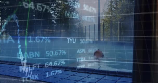 Animation Von Finanzdaten Und Grafiken Über Den Kaukasischen Mann Schwimmbad — Stockvideo