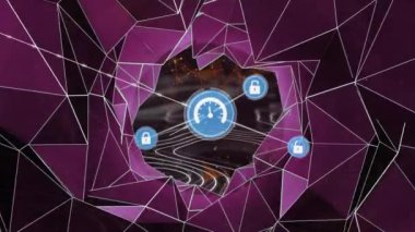 Pleksus ağları ve topoğrafya üzerinden dijital simge ağının animasyonu ve mor arkaplan karşısında pleksus ağları üzerinden dijital simge ağının animasyonu ve mor arkaplan üzerinde topografi. Küresel ağ ve iş teknolojisi kavramı