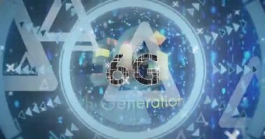 5g, 5. nesil, 6g, 6. nesil metin, oklar, kayan noktalar, üçgenler. Dijital olarak üretilmiş, hologram, büyüme, ilerleme, iletişim, güç arzı ve teknoloji kavramı.