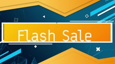 Mavi arkaplanlı, hareketli şekilli, turuncu pankartta beyaz renkli flash satış metninin animasyonu. Satış, perakende, ticaret, iletişim ve dijital olarak üretilen gelecek konsepti.