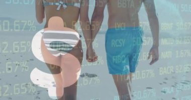 Kumsaldaki beyaz bir çift için borsa ve dolar sembolü animasyonu. Küresel finansman, iş ve dijital arayüz kavramı dijital olarak oluşturulmuş video.