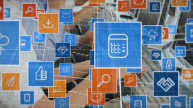 Animation of media icons over diverse business people in office. Global business and digital interface concept digitally generated video.
