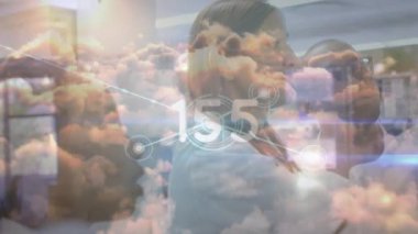 Geri sayım animasyonu, birleşik noktalar, beyaz bilim adamları bulutlar üzerinde toplantıda tartışıyorlar. Dijital bileşik, çoklu pozlama, araştırma, gökyüzü, iletişim ve sağlık konsepti.