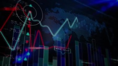 Dijital harita üzerinde hareket eden çoklu grafiklerin animasyonu, işlem tahtası ve soyut şablon. Dijital olarak üretilmiş, hologram, Infographic, veritabanı, küresel, geleceksel ve teknoloji kavramı.