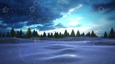 Kış manzarasında ağaçların üzerine düşen yıldız simgeleri ve kar animasyonları. Noel şenliği ve kutlama konsepti