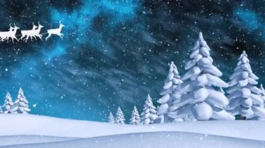 Kar altında kızak süren Noel Baba 'nın animasyonu. Ağaçlar karla kaplı ve karada gökyüzüne karşı. Dijital olarak üretilmiş, manzaralı, Noel şenliği, gelenek, vektör, kış tatili ve kutlama.