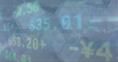 Şekiller üzerinde finansal veri işleme animasyonu. Dijital olarak oluşturulan küresel finansman, bilgisayar ve dijital arayüz kavramı.