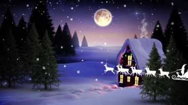 Noel Baba 'nın kızak içindeki animasyonu kış manzarasında evin üzerinde ren geyikleriyle birlikte. Noel, şenlik, kutlama ve gelenek konsepti dijital olarak oluşturuldu.