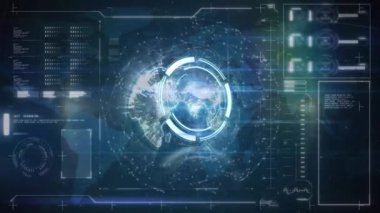 Yuvarlak tarayıcının dönen küreye karşı veri işleme arayüzü üzerindeki animasyonu. Bilgisayar arayüzü ve iş teknolojisi kavramı