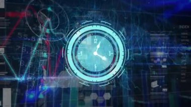 Mavi arkaplandaki istatistiksel veri işleme ve dijital dalgalar üzerinde tıklayan saatin animasyonu. Bilgisayar arayüzü ve iş teknolojisi kavramı