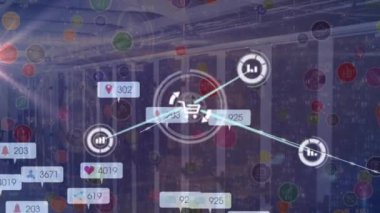 Küresel sosyal medya, bağlantılar, ağlar ve dijital olarak oluşturulan video işleme konsepti üzerinden bağlantı ve sosyal medya simgelerinin animasyonu