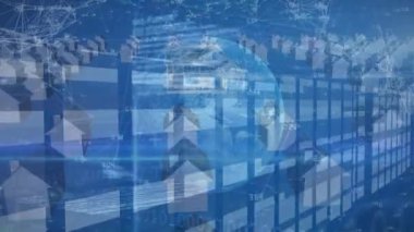Dijital evlerin üzerindeki dünya ile veri işlemenin animasyonu. Küresel teknoloji, bilgisayar ve dijital arayüz kavramı dijital olarak oluşturulmuş video.