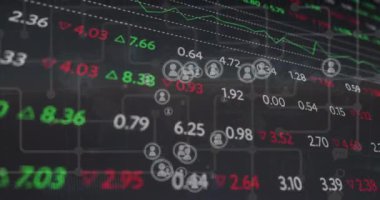 Bağlantı ağı üzerinden finansal veri işleme ve simgelerin canlandırılması. Dijital olarak oluşturulan küresel finansman, bilgisayar ve dijital arayüz kavramı.