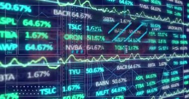 Grafik üzerinden ticaret panosu animasyonu, daireler yükleme, navigasyon deseni ve çizgiler. Dijital olarak üretilmiş, hologram, borsa, yatırım, rapor, finans, ilerleme ve teknoloji kavramı.