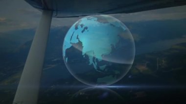 Yerküre ve ışık izlerinin düzlem üzerinde animasyonu. Dijital olarak oluşturulmuş küresel bağlantılar, teknoloji ve dijital arayüz kavramı.