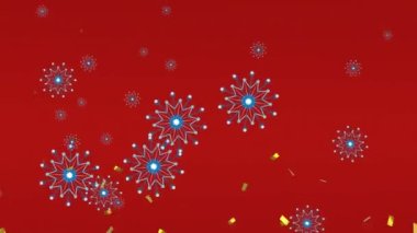Kar tanelerinin üzerine düşen altın konfetilerin animasyonu kırmızı arka planda kusursuz desenli ikonlar. Noel şenliği ve kutlama konsepti