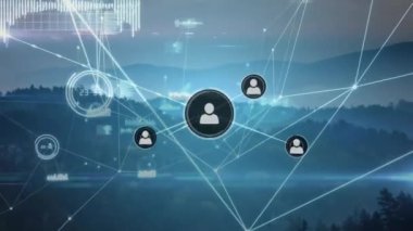 Profil simgelerinin çizgiler, grafikler, mercek parlamaları, yeşil dağların havadan görünüşü ile birleştirilmesi. Dijital bileşik, çoklu pozlama, rapor, sosyal medya, doğa, iletişim ve teknoloji.