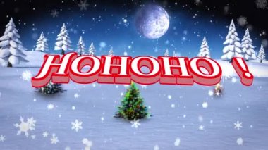 Ho ho ho mesaj pankartı üzerinde kar tanelerinin animasyonu kış manzarasında yılbaşı ağacına karşı. Noel şenliği ve kutlama konsepti