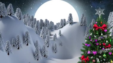 Gece karlı kış manzarası ve Noel ağacı animasyonu. Noel, kış, gelenek ve kutlama konsepti dijital olarak oluşturuldu.