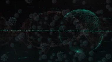 Grafik animasyonu, yüzen bir küre üzerinde dönen enfeksiyon kapmış bir hücre, siyah arka planda. Dijital olarak üretilmiş, hologram, küreselleşme, araştırma, korona, covid-19, tıbbi ve sağlık konsepti.