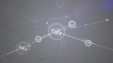 Gri arkaplandaki simgelerle bağlantı ağının animasyonu. Dijital olarak oluşturulmuş küresel bağlantılar, ağlar ve veri işleme kavramı
