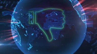 Dünya üzerinde başparmak simgesinin canlandırılması ve soyut arkaplan haritası. Dijital olarak üretilmiş, hologram, küreselleşme, aydınlatma, hoşlanmama, gösterge, reddetme, aydınlatma ve teknoloji.