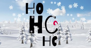Ho ho metin afişi ve kış manzarasında ev ikonu üzerine düşen kar tanelerinin animasyonu. Noel şenliği ve kutlama konsepti