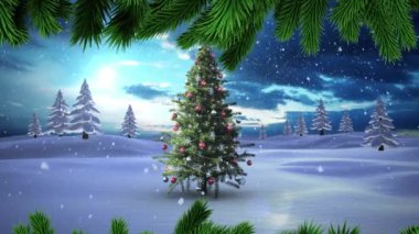 Kış manzarasında, yeşil yaprakların ve kar ağaçlarının üzerine düşüşünün animasyonu. Noel şenliği ve kutlama konsepti