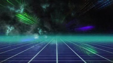 Şebeke üzerinde parlayan ışık izlerinin animasyonu. Dijital olarak oluşturulmuş küresel bağlantılar, ağlar ve veri işleme kavramı.