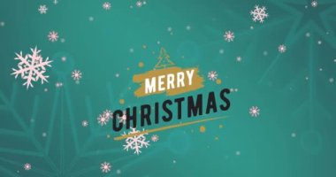 Mutlu noeller üzerine kar tanelerinin animasyonu mavi arka planda asılı süslemeler üzerine mesaj pankartı. Noel şenliği ve kutlama konsepti