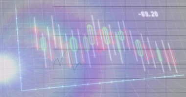 Finansal grafikler ve veriler üzerine ışık ve gökkuşağının animasyonu. Küresel finans, ekonomi ve teknoloji kavramı dijital olarak üretilen video.