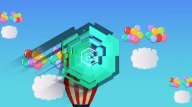 Altıgen desenli sıcak hava balonu ve çok renkli balonlarda asılı bulutların animasyonu. Dijital olarak üretilmiş, hologram, soyut, vektör, illüstrasyon, tasarım ve kutlama konsepti.