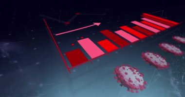 Çubuk grafiğin animasyonu, çizgilerle bağlantılı noktalar, soyut arkaplan üzerinde virüs bulaşmış hücreler. Dijital olarak üretilmiş, hologram, rapor, finans, tıbbi, sağlık, hastalıklar ve teknoloji.