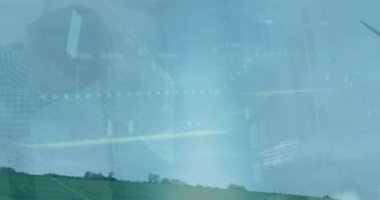 Hareket eden grafiklerin animasyonu ve iş arkadaşlarının ofiste beşlik çakışları. Dijital bileşik, çoklu pozlama, iş, veri tabanı, sürdürülebilir enerji, güç üretimi.